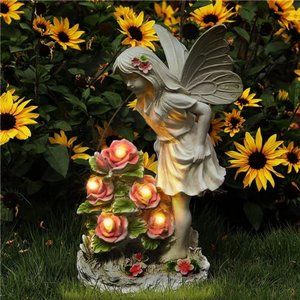 Garden Figurines Angel Garden Statue Outdoor Decor with 5 LEDs 12.8 x 7.5 x 6.1"